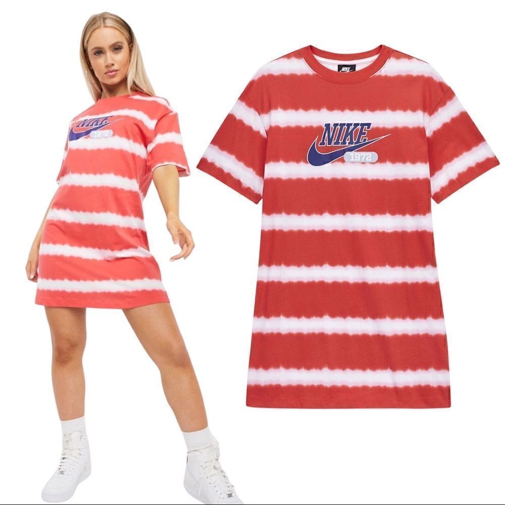 New! Nike Tie Dye Red Stripes Logo T-Shirt Active Casual Cotton Boxy Shirt Dress